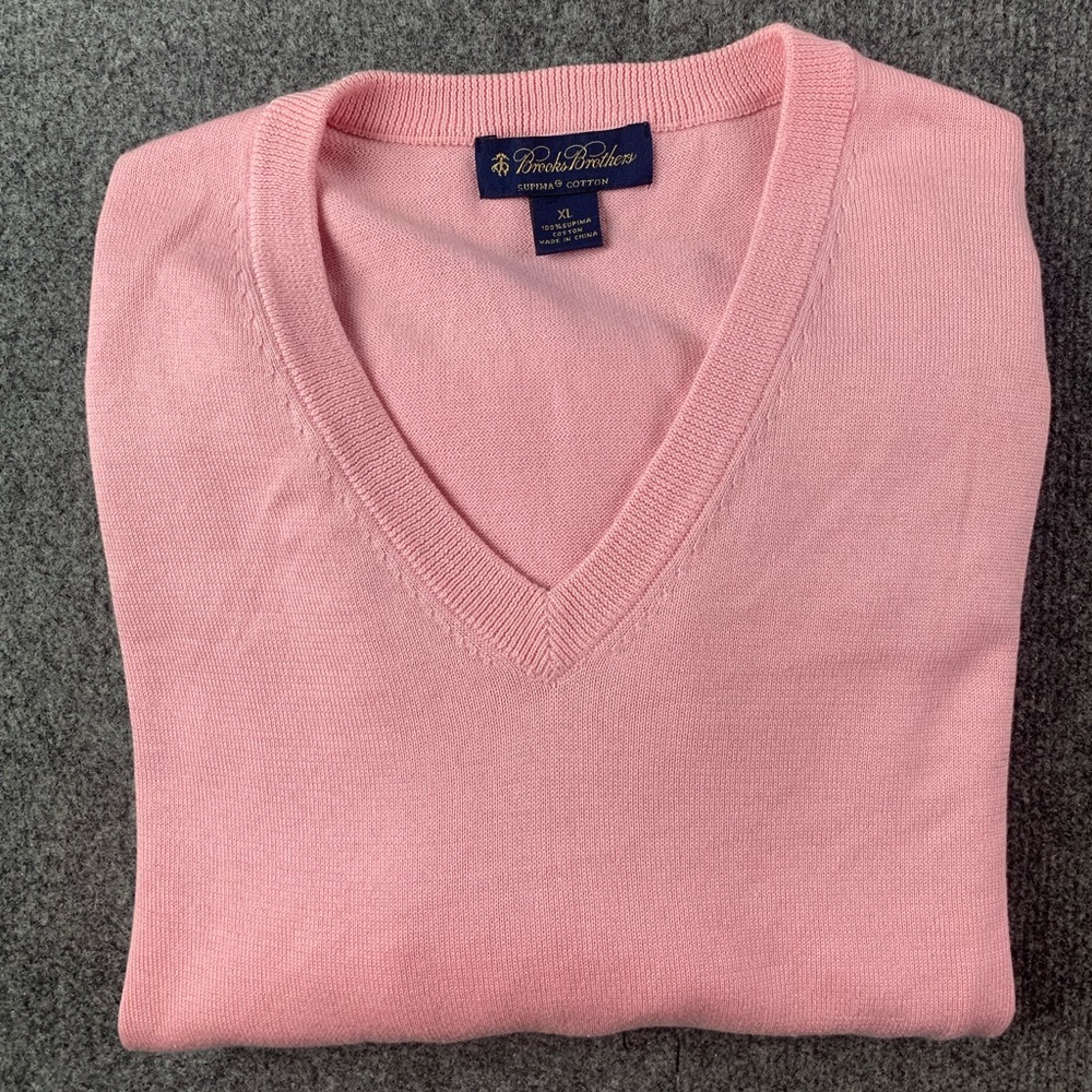 Brooks Brothers Mens 100% Supima Cotton Long Sleeve V Neck Sweater Size XL Pink